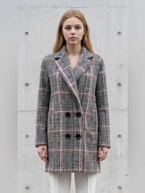 Pink Martini Gray Plaid Double-Breasted Pea Coat with Pink Accents